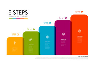 Poster - Multipurpose infographic template with five rainbow colors semi transparent block steps with description and icons. Layout template for step progress infochart