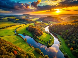 Poster - Captivating Landscape Photography Showcasing the Golden Section in Nature with Stunning Symmetry, Lush Greenery, and Breathtaking Views of Mountains, Rivers, and Sunsets