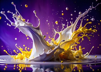 Poster - Captivating Long Exposure Artistry: White and Purple Background with Dynamic Yellow and Purple Paint Splatters Creating an Abstract Masterpiece