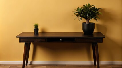 Wall Mural - Dark Wooden Table with Two Potted Plants Against a Yellow Wall