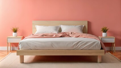 Wall Mural - Minimalist Bedroom Interior with Wooden Bed Frame and Pink Wall