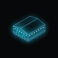 Poster - Neon style isometric warehouse building icon glowing on black background