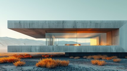 Poster - Modern architectural marvel emerges from arid landscape at dawn, showcasing sleek lines and stunning design. Generative AI