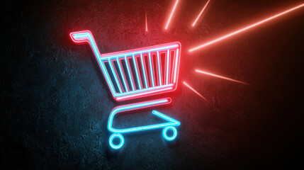 Neon glowing shopping cart icon in red and blue against dark background, symbolizing modern retail and online shopping. vibrant colors create energetic atmosphere