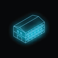 Poster - Neon blue warehouse building glowing on a black background, simple icon illustration