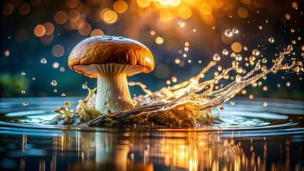 Poster - Captivating Low Light Photography of a Whole Mushroom Plunging into Water with Stunning Reflections and Ripples, Creating an Enigmatic Atmosphere in Nature’s Embrace