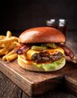 © Marko - Juicy Bacon Cheeseburger with Crispy Fries and Pickles on Rustic Wooden Board