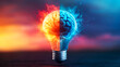 © thanakrit - Creative concept of a light bulb symbolizing duality of human thought with contrasting colors representing fiery passion and cool logic, perfect for innovation themes.