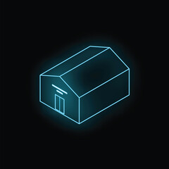 Poster - Neon blue warehouse building glowing on a black background, perfect for concepts about industry, logistics and storage