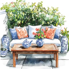 Canvas Print - Watercolor painting of a serene patio scene featuring a comfortable couch, a wooden coffee table, blue and white porcelain vases, and lush green plants.