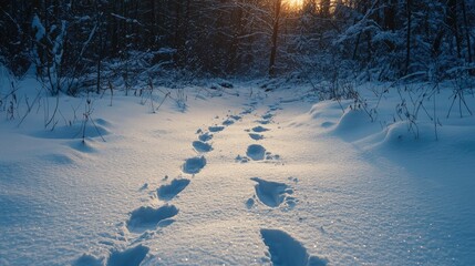Aufkleber - A trail of animal tracks in the snow, leading through a quiet forest at dusk. 