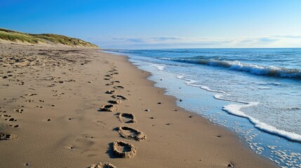 Poster - A sandy beach with animal tracks leading to the ocean, showing where a creature has walked. 