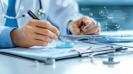 Aufkleber - physician conducting research with microscope and data analysis