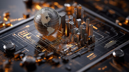 Poster - 3D globe on circuit board with city skyline, representing technology and innovation