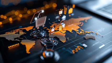 Poster - global map illustrating e commerce sales distribution with digital elements