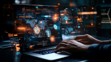 Aufkleber - Person analyzing global e commerce data on laptop screen
