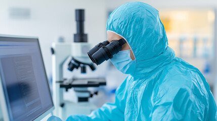 Poster - physician in protective gear conducting medical research with microscope
