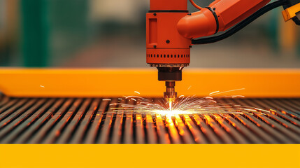 Poster - Robotic welding system creating sparks on metal surface in factory