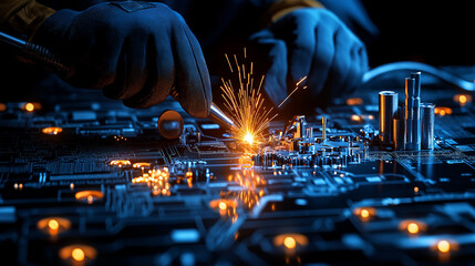 Aufkleber - Welder performing precision TIG welding on circuit board, sparks flying