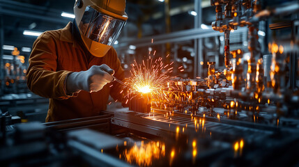 Poster - Welding engineer inspecting weld quality with sparks flying
