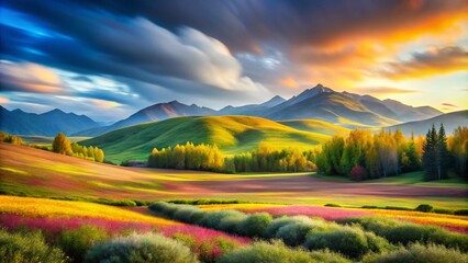 Poster - Captivating Minimalist Landscape with Dynamic Brushstrokes and Vivid Color Expressions Showcasing Nature's Beauty in an Abstract, Artistic Interpretation of Serenity and Vividness