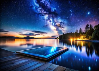 Poster - Captivating Night Photography of a Glowing Pad Under Stars with Soft Reflections on Water, Showcasing Serenity and Technology in a Unique Setting