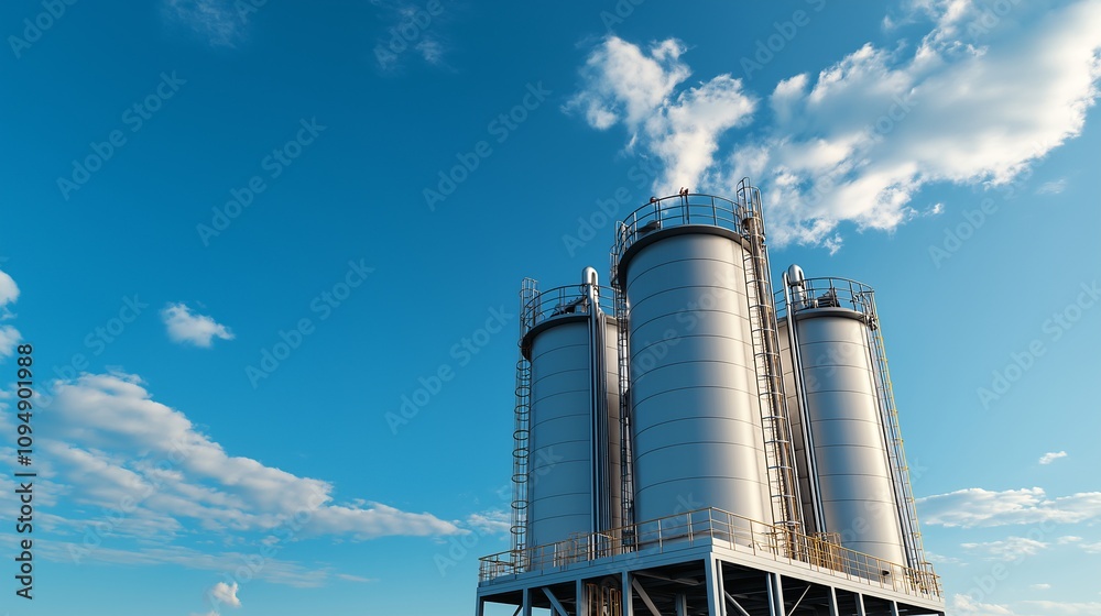 Three Tall Storage Tanks Against a Clear Blue Sky with Fluffy Clouds ...