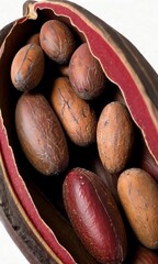 Wall Mural - A close up of a large seed pod with many seeds inside. The pod is brown and the seeds are red