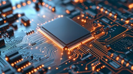 Poster - Close-Up of a Computer Circuit Board with a Central Processing Unit, Highlighting the Intricacies of Computer Repair and Uninstallation Processes