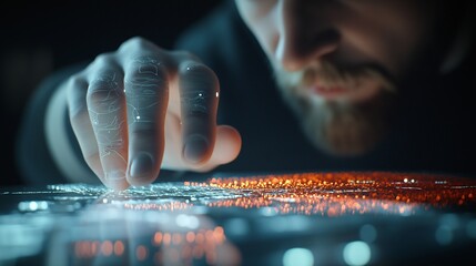 Poster - Exploring the Interface of Smart Technology: A Close-Up View of a Human Hand Interacting with a Futuristic AI-Powered Device in a Dimly Lit Environment
