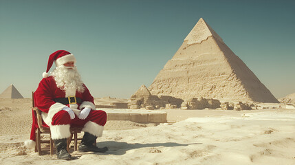 Santa Claus in red suit sitting near the ancient pyramids in Egypt, merging festive cheer with historical wonder in a unique desert setting