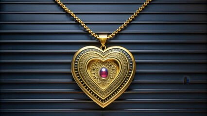 Sticker - Ornate Gold Heart Pendant with Red Gemstone on a Black Striped Background