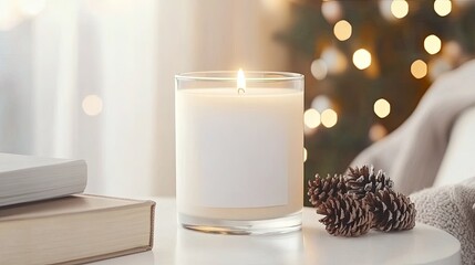 Canvas Print - Elegant glass candle jar with blank label sits near books and pine cones, enhancing the cozy winter atmosphere with warm bokeh lights