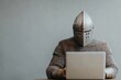 © Odin AI - A medieval knight wearing armor is using a laptop, representing the convergence of historical tradition and modern technology in a contemporary artistic style.
