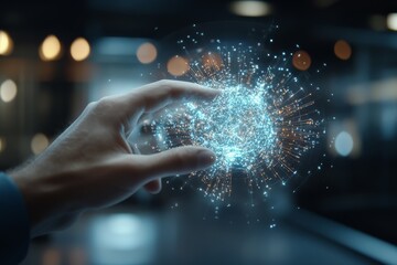Poster - A human hand reaches for a glowing orb of digital light and energy, symbolizing human interaction with technology and the pursuit of innovation in a modern context.