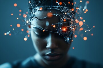 Poster - A person with a futuristic neural network over their face, illustrating themes of technology integration with the human mind and emotions in a sci-fi aesthetic style.