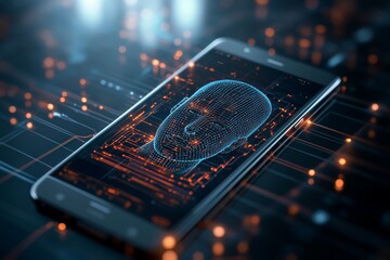 Poster - A smartphone displaying a digital face interface on its screen, surrounded by glowing tech elements, symbolizing human-machine interaction and digital identity.