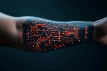 Poster - An arm with a digital circuit tattoo glows red, showcasing the fusion of art and technology, embodying the tattoo as a symbol of digital identity and expression.