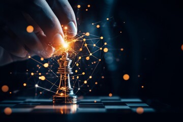 Poster - A hand delicately holds a glowing chess piece, symbolizing strategic thinking and digital connectivity through a network of illuminated nodes and lines.