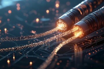 Aufkleber - Two thick wires with glowing data streams illustrate high-speed data transfer, representing connectivity, technology, and the flow of information in the digital age.