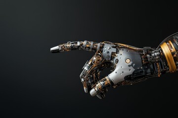 Poster - A close-up of a complex robotic hand with visible mechanical details gesturing forward, symbolizing advanced robotics and human-like technologies.