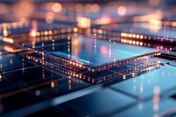 Poster - A close-up of an abstract circuit board illuminated with vibrant lights, symbolizing the intricate and complex beauty of technological innovation and digital breakthroughs.