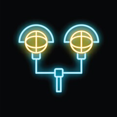 Poster - colorful neon icon representing two globes exchanging data, symbolizing global network and internet 