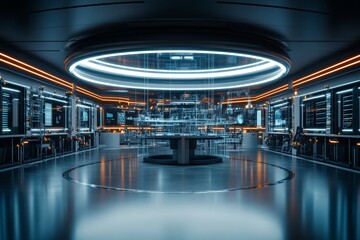 Poster - A sleek, high-tech control room with circular holographic displays and glowing interfaces, representing advanced digital technology and innovation.