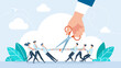 © Yurii - Use scissors to cut the ropes of two teams tug of war on the cliff. Negotiation or stop fighting concept. Mediation as conflict compromise and solution management person concept. Flat illustration
