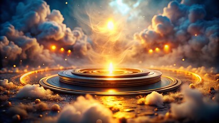 Poster - Captivating Tilt-Shift Photography of a Glowing Circular Platform Surrounded by Enigmatic Light Rays and Ethereal Smoke in a Dreamlike Atmosphere