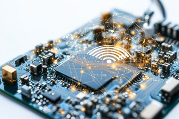 Poster - A detailed close-up of a microchip with a glowing network overlay highlights the advanced and interconnected nature of modern technology and artificial intelligence.