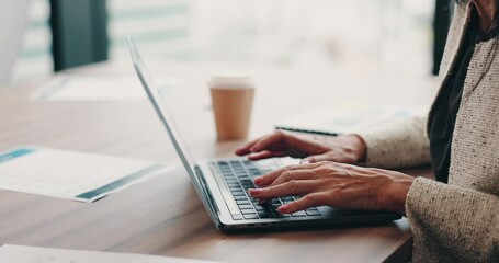 Poster - Laptop, hands and businesswoman in office typing revenue, profit or capital gain report for company. Computer, communication and female finance advisor with online email for investment plan proposal.