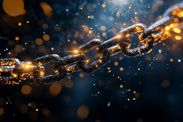 Poster - Close-up of interconnected glowing chain links, symbolizing blockchain technology and digital connectivity, with sparks and a dark abstract background.
