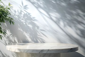 Wall Mural - Marble table with tree shadow drop on white wall background for mockup product display